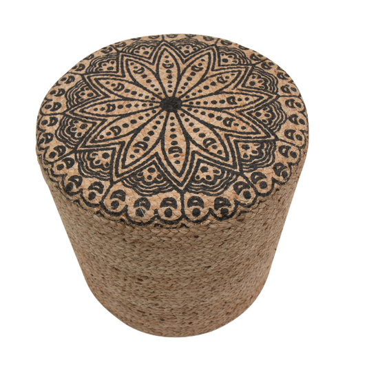 Jute pouf round black print