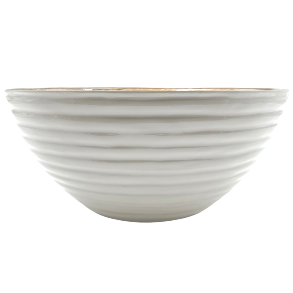 White Enamel Ribbed Lines Mango Wood Bowl