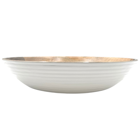 White Enamel Ribbed Lines Mango Wood Bowl