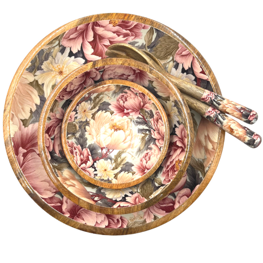 Peonies Dusty Rose Mango wood bowl