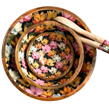 Black | Flowers Mango Wood Bowls